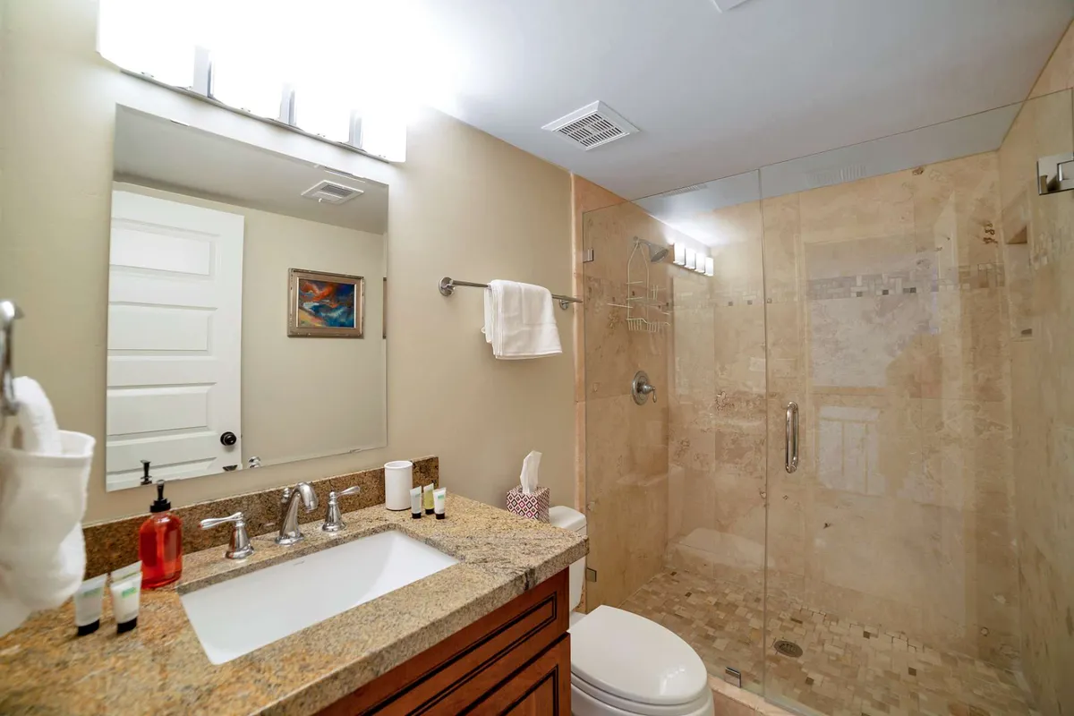 A modern bathroom featuring a granite countertop, a glass walk-in shower, and large mirror reflections. The calm, spa-like ambiance makes it an ideal space for refreshing and unwinding.
